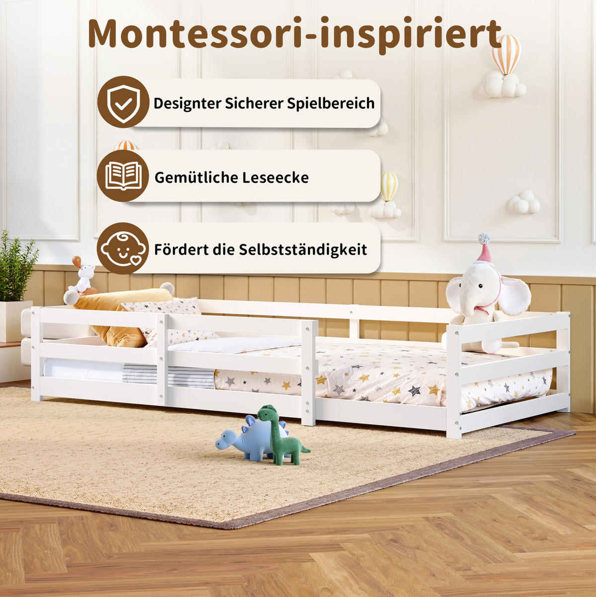 KINDERBETT 90/200 cm weiß aus Kiefer massiv mit Schutzgitter - Weiß, Holzwerkstoff (90/200cm) - OKWISH
