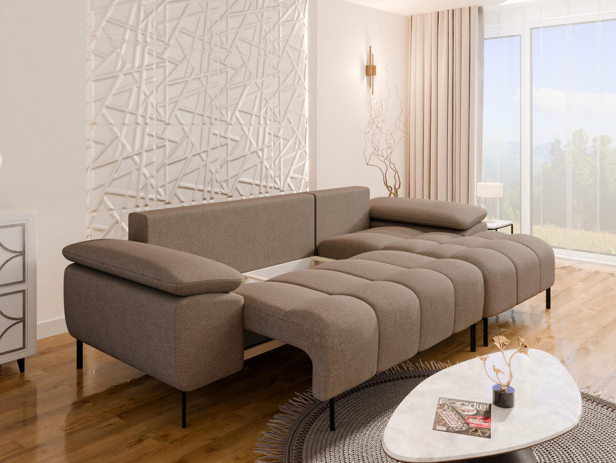 ECKSCHLAFSOFA 4-Sitzer DOLUS – Modernes Ecksofa mit Schlaffunktion Rechts montierbar, Braun - Braun, Holz (141/277cm) - Panda Möbel