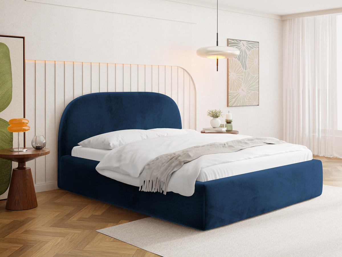 POLSTERBETT Puro mit Bettkasten, Dunkelblau Samt 140 x 200 cm – mit Metall-Lattenrost - Blau/Birkefarben, Kunststoff/Textil (140/200cm) - WFL GROUP