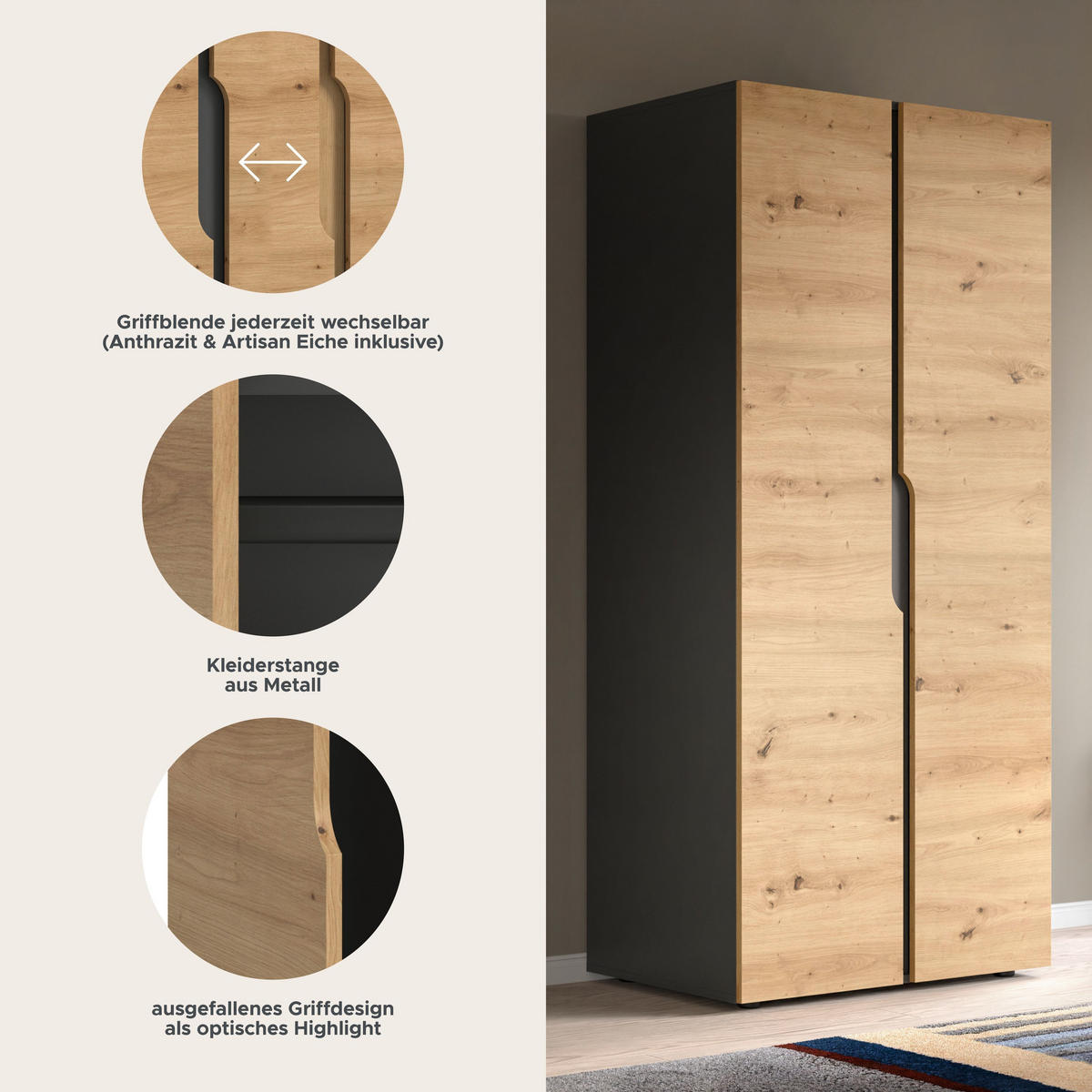 KLEIDERSCHRANK 2-türig ANGA (B/H/T: ca. 80/180/51 cm) in anthrazit/Artisan Eiche Nachbildung - Anthrazit, Holzwerkstoff (80/180/51cm)