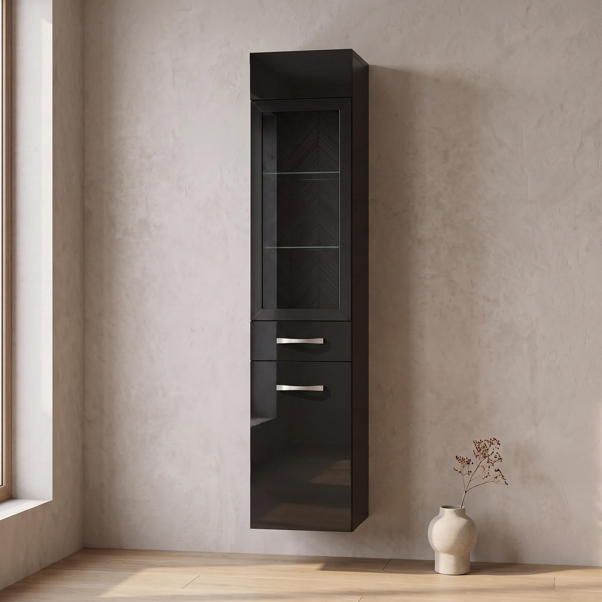 BADEZIMMERSCHRANK Rio mit 2 Schwarz Hochglanz - 30 x 30 x 130 cm - Schwarz, Holz (30/131/30cm) - Badplaats