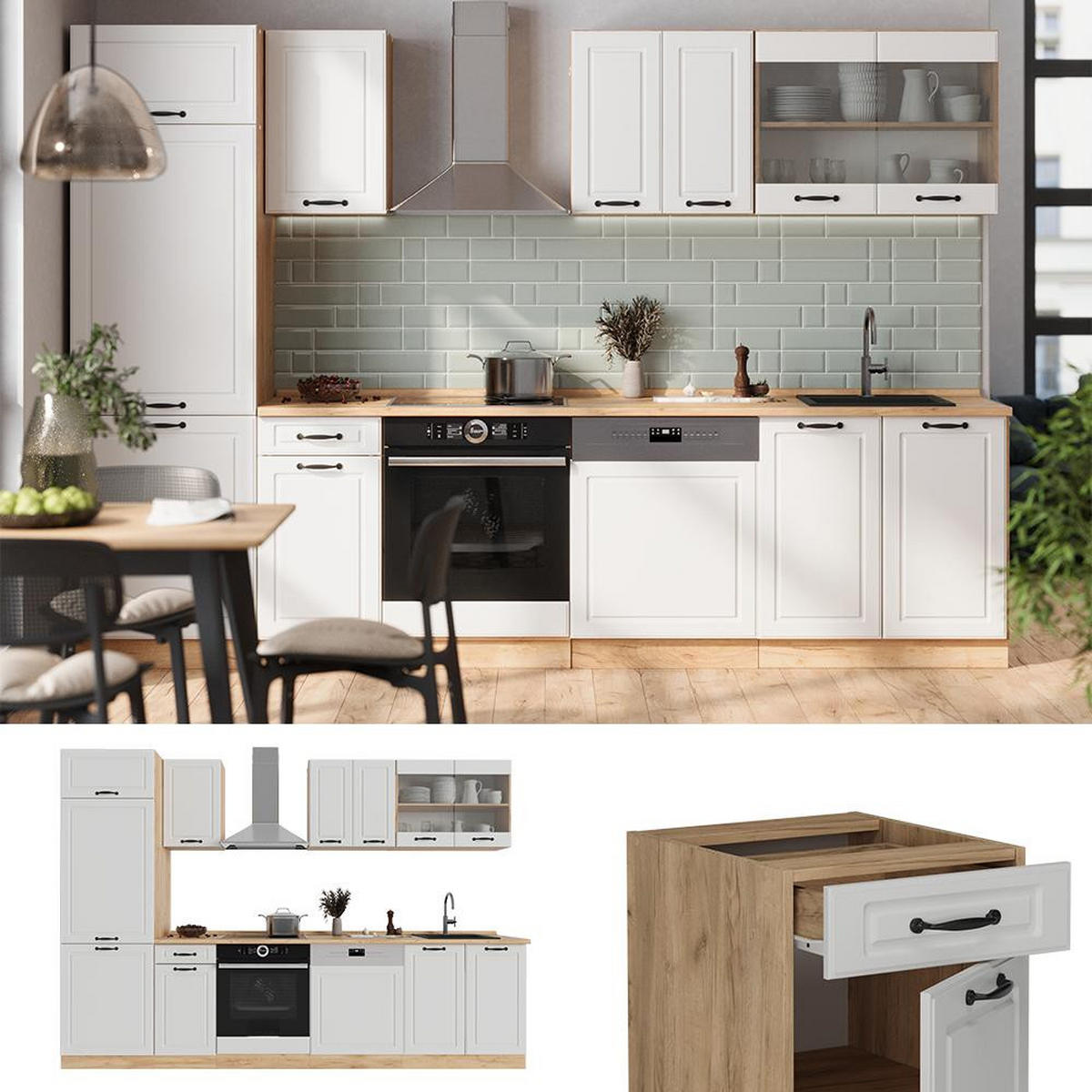 KITCHENETTE R-Line Casă de țară albă / stejar auriu 300 cm , AP Stejar - stejar miere/alb, compozit lemnos (300/206.8/60cm) - Vicco