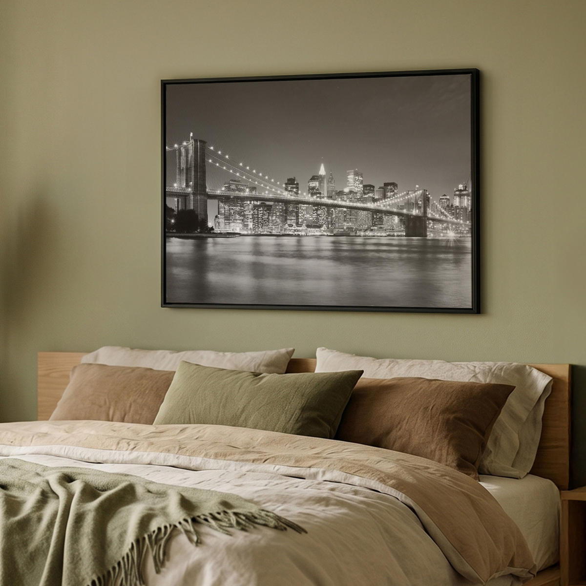 LEINWAND Bilder mit Rahmen - New York - Brücke - Brooklyn - Schwarz und weiß - Architektur - 100x70 - Schwarz, Textil (100/70cm) - MuchoWow