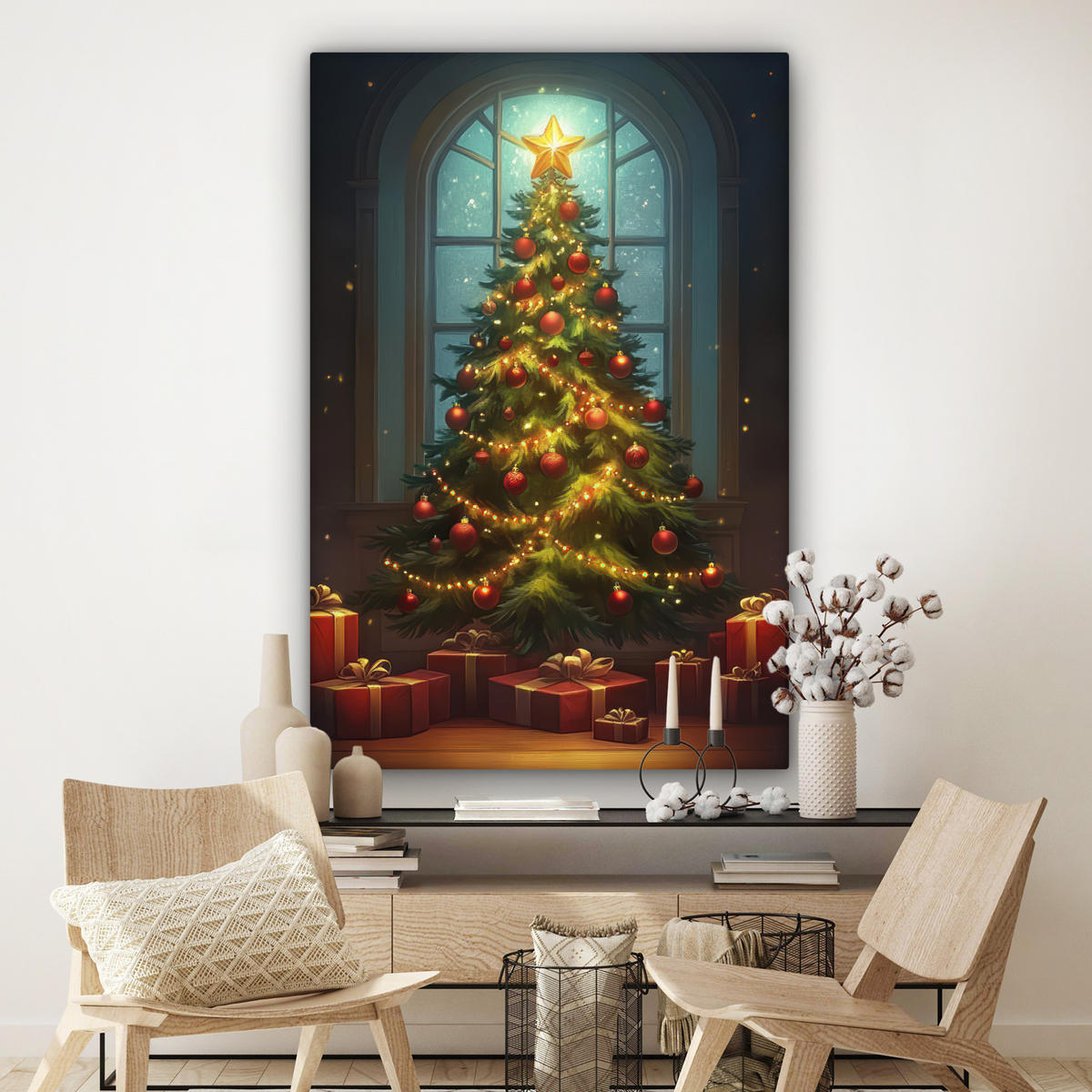 OBRAZ NA PLÁTNĚ Vánoční stromek - Dárek - Zima 90x140 cm - zelená barva, textil (90/140cm) - MuchoWow