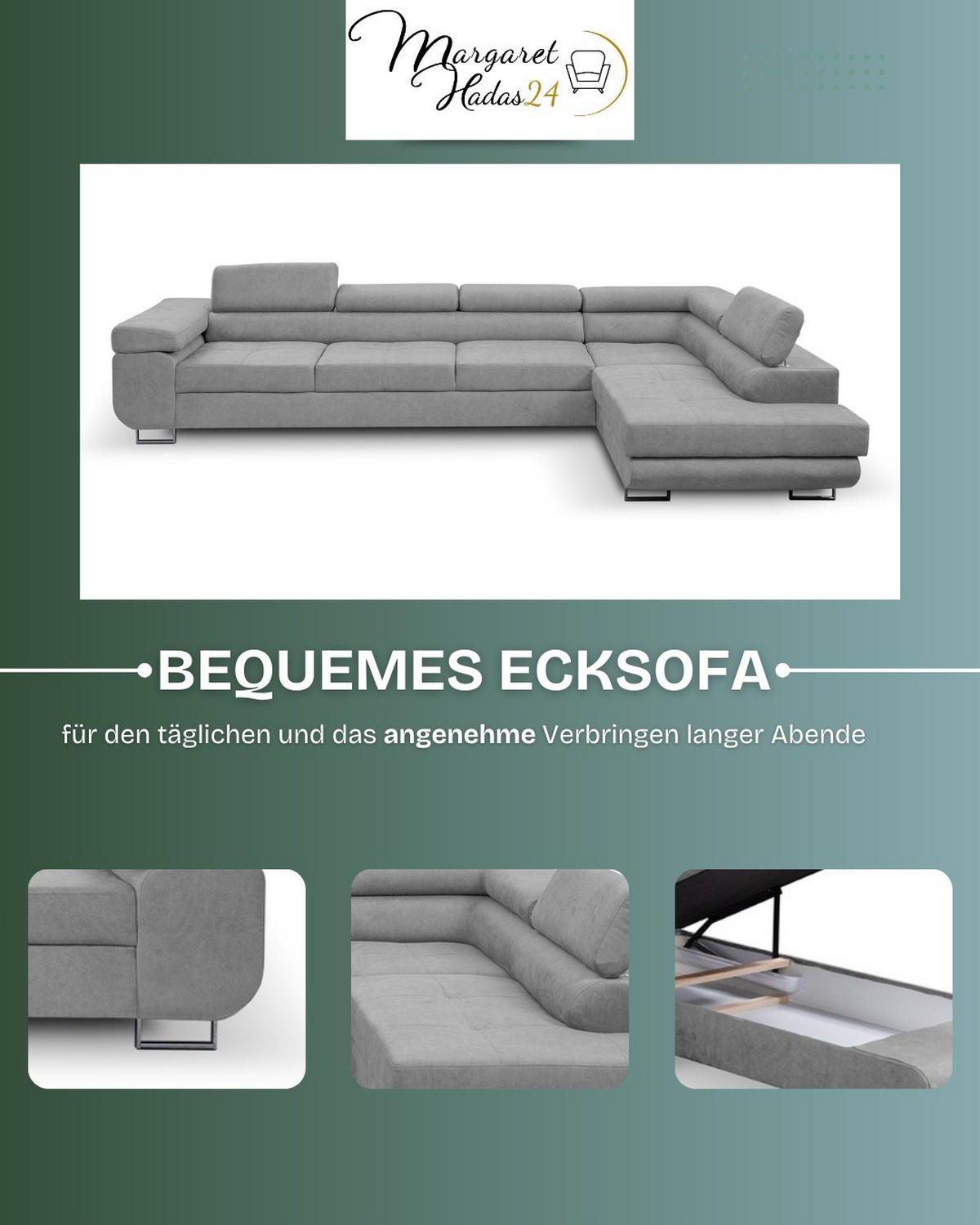ECKSOFA Marlene IV L-Form mit verstellbaren Kopfstützen Schlaffunktion Bettkasten 347 cm rechts blau - Blau, Kunststoff (202/347cm) - Margaret Hadas24