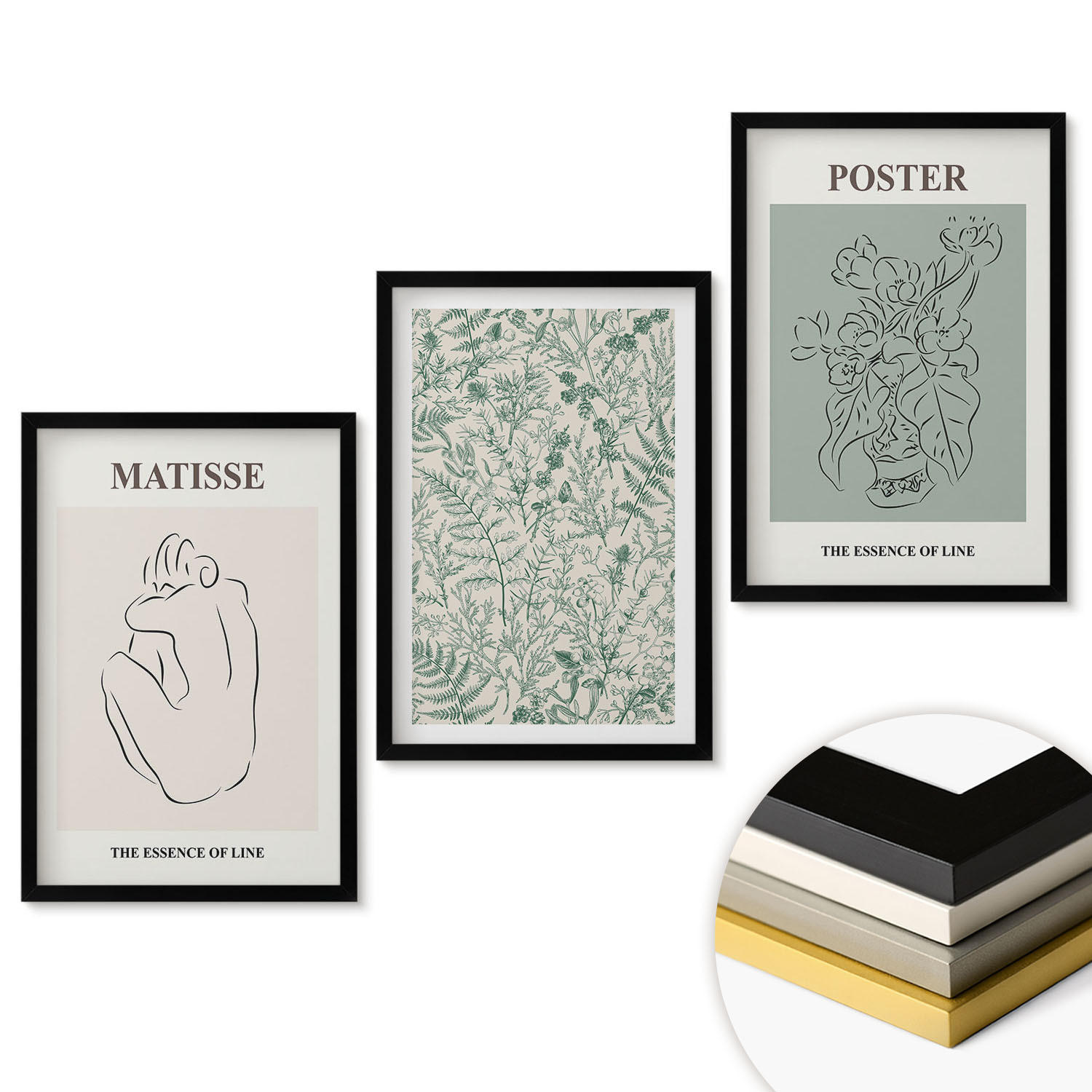 WANDBILDER 3er-Set - 40x60 cm Schwarzer Rahmen - Linien, Pflanzenmuster, Minimalismus - Schwarz, Kunststoff (40/60cm) - ArtPrintCave