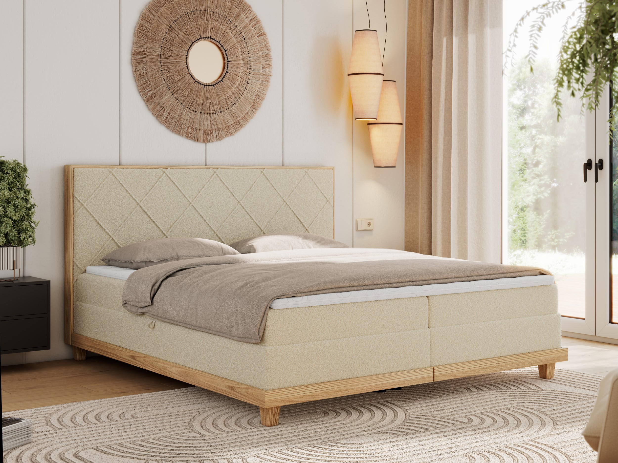 BOXBETT CAICOS 140/200 - Beige Boucle - H4 - Beige, Holz/Textil (140/200cm) - MKS