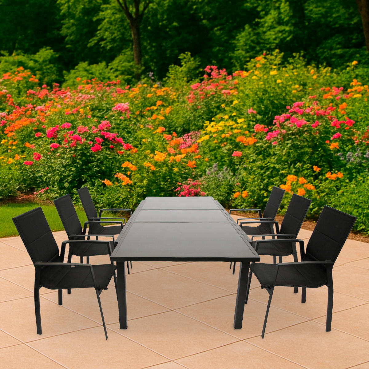 GARTEN-GARNITUR Ashford - 7-teilige Garten-Essgruppe (6x Stapelsessel mit Aluminiumgestell schwarz, Bespannung Textillehne schwarz - Schwarz, Metall - TPFGarden