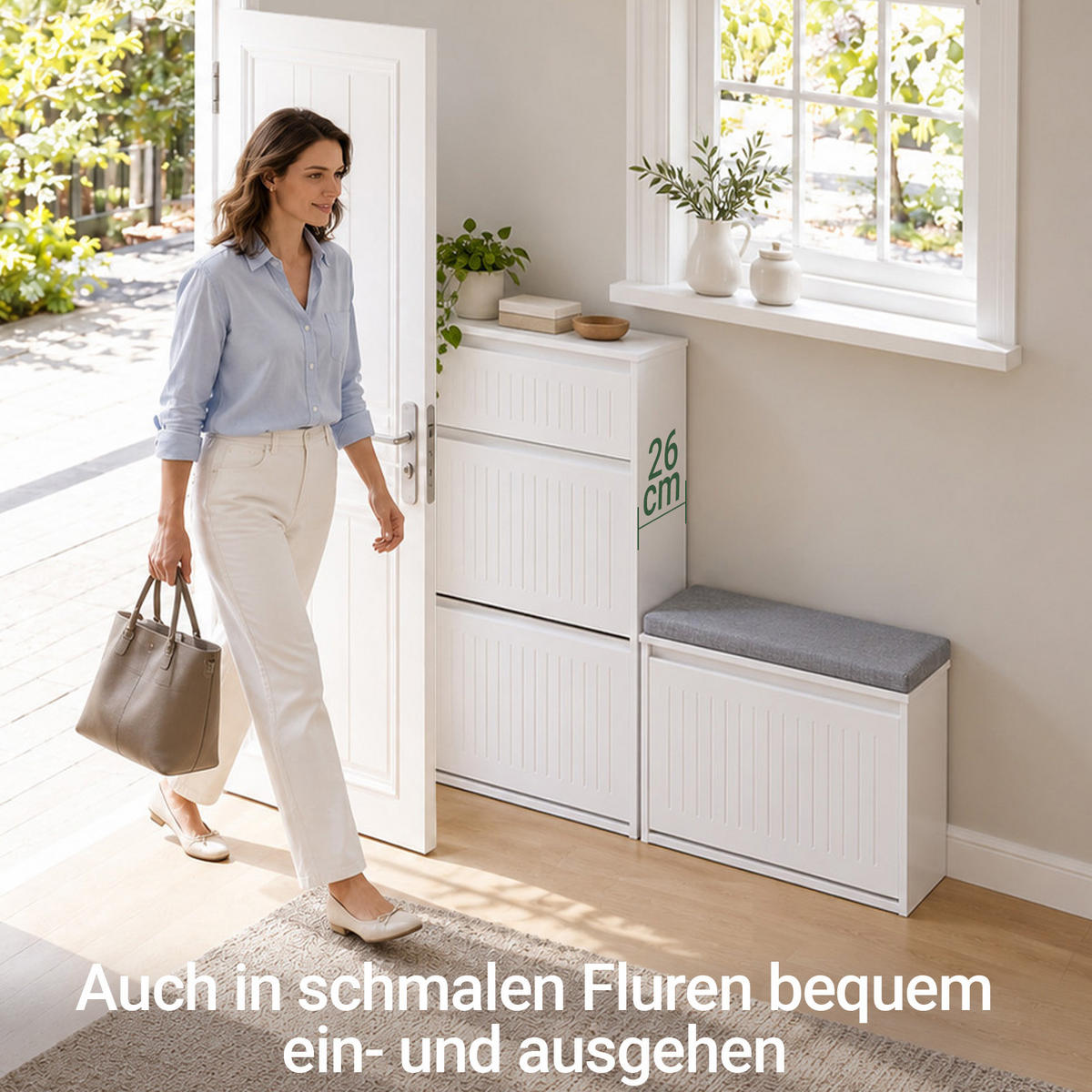 SCHUHSCHRANK Weiß mit Schublade, 2 Klappen, 10 Paar bis EU 46, 26 cm tief, für schmale Flure - Weiß, Holzwerkstoff (61/100/26cm) - SoBuy