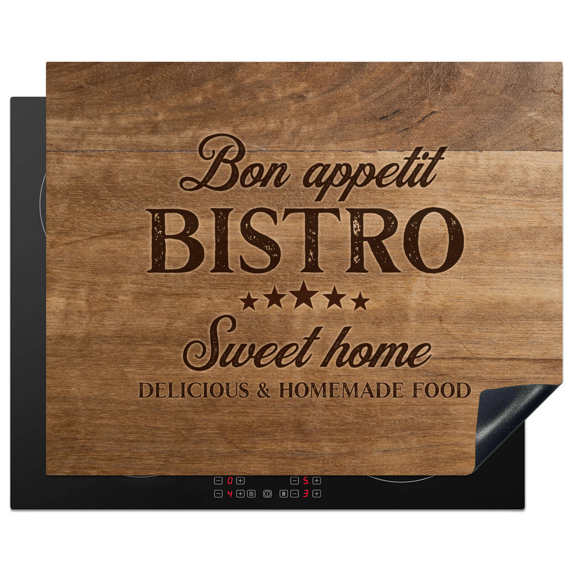 HERDABDECKPLATTE Zitat - Bistro - Guten Appetit - Süßes Zuhause - Holzmaserung 65x52 cm - Braun, Kunststoff (65/0.2/52cm) - MuchoWow