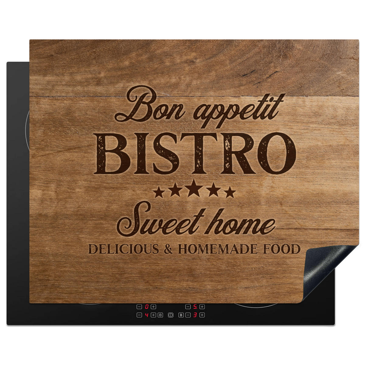 HERDABDECKPLATTE Zitat - Bistro - Guten Appetit - Süßes Zuhause - Holzmaserung 65x52 cm - Braun, Kunststoff (65/0.2/52cm) - MuchoWow