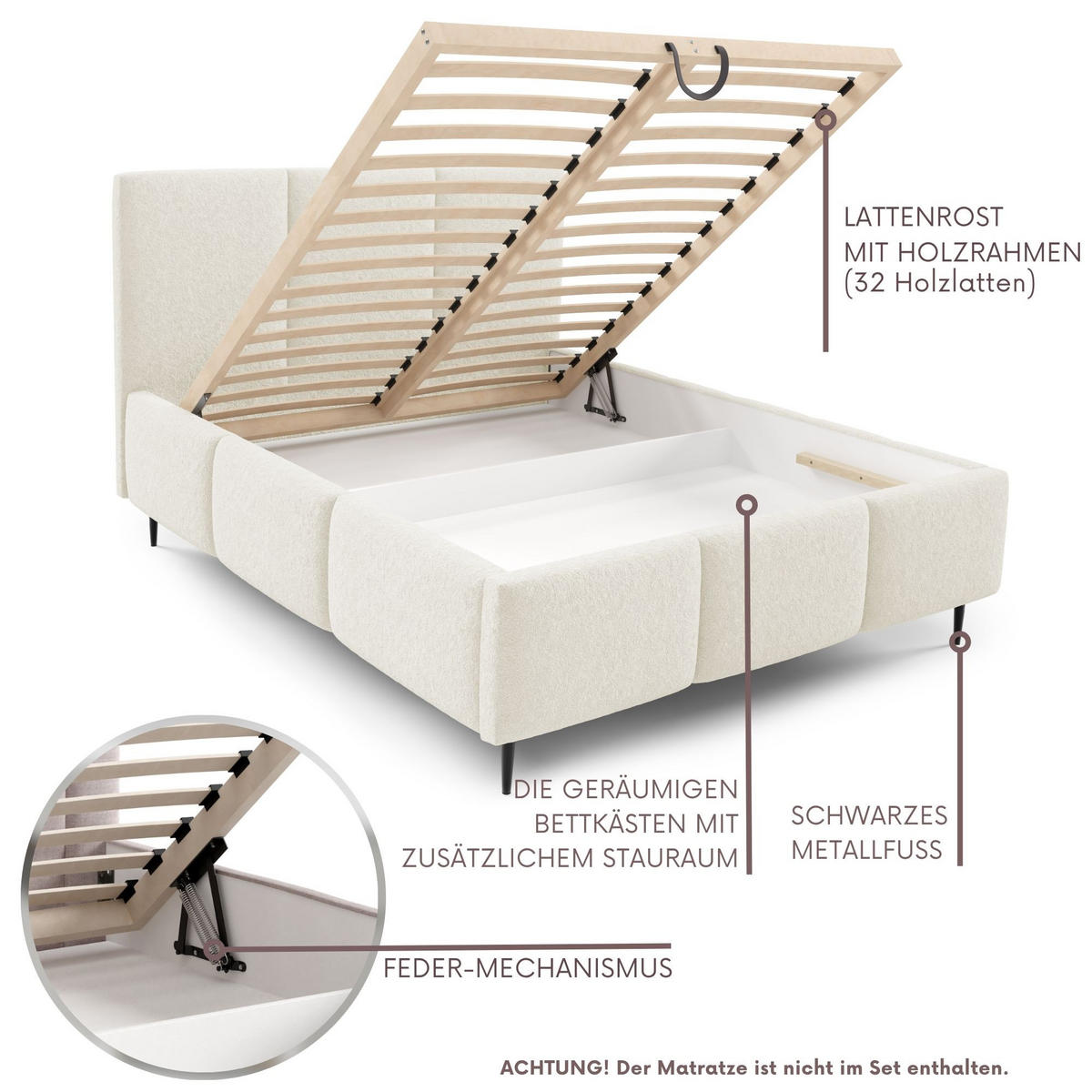 POLSTERBETT VALERIO mit Beinen mit Bettkasten, Bett 180x200,Doppelbett,Lattenrost,Boxspringbett-Optik,ohne Matratze,Schlafzimmer-Creme - Creme, Holz (180/200cm) - Furnistar