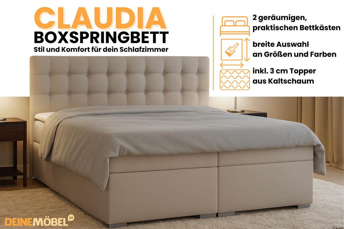 BOXBETT CLAUDIA 180/200 Velour Beige mit Bonell-Federkernmatratzen H3 - Beige, Holzwerkstoff (180/200cm) - Deine Möbel 24