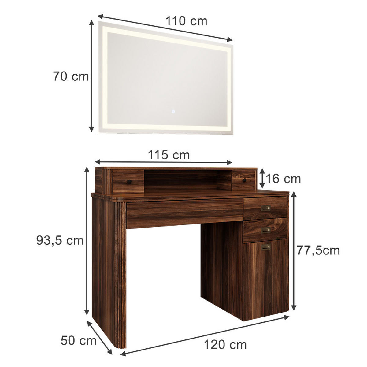 SCHMINKTISCH Neria Eiche rustikal 120 cm mit LED-Spiegel - Wildeiche, Holzwerkstoff (120/93.5/50cm) - Vicco