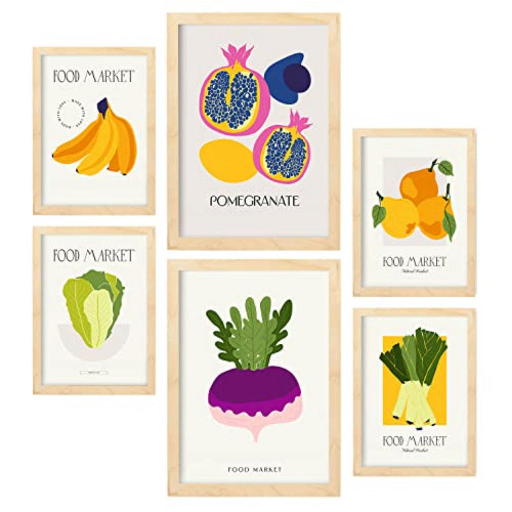POSTER Set Mit 6 Lebensmittel Und Ernährungs Früchte Und Gemüse Natur Und Botanikdrucke Für Innenarchitektur A3 & A4 Rahmen Aus Hellem Holz - Beige, Papier (29/3cm) - Nacnic
