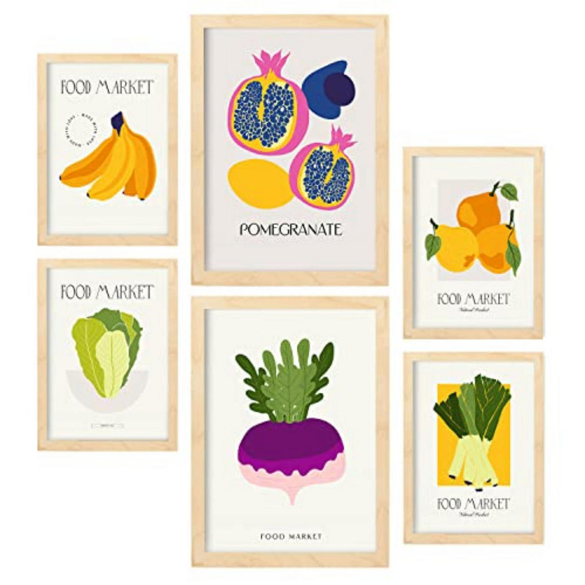 POSTER Set Mit 6 Lebensmittel Und Ernährungs Früchte Und Gemüse Natur Und Botanikdrucke Für Innenarchitektur A3 & A4 Rahmen Aus Hellem Holz - Beige, Papier (29/3cm) - Nacnic