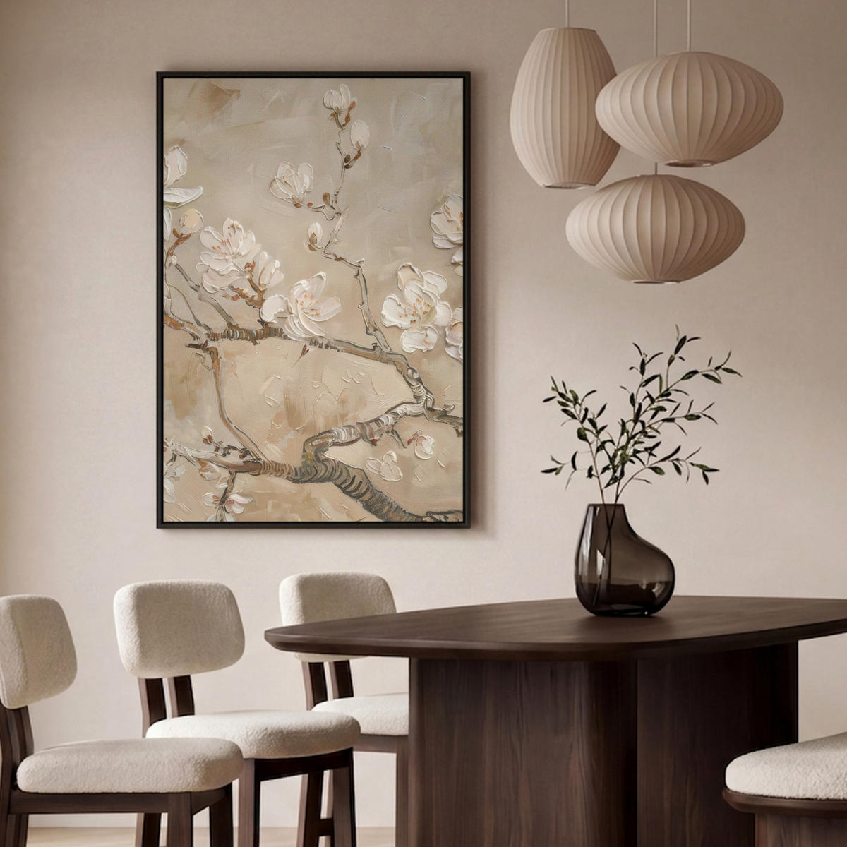 LEINWAND Bilder mit Rahmen - Blumen - Modern - Beige - Weiß - Blüte - 100x150 - Beige, Textil (100/150cm) - MuchoWow