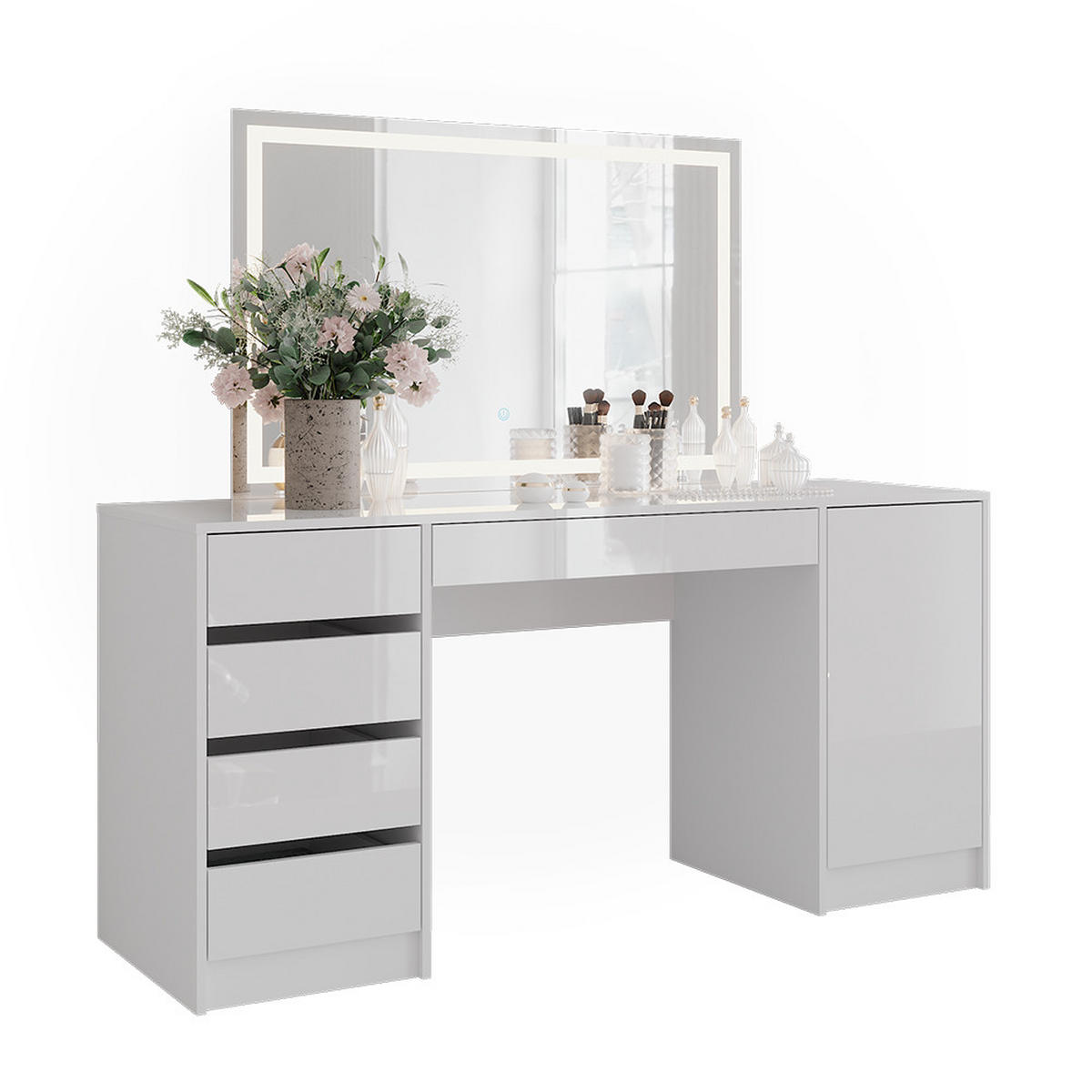 SCHMINKTISCH Sherry Weiß/Weiß Hochglanz 158.2 cm mit LED-Spiegel - Weiß Hochglanz, Holzwerkstoff (158.2/76/50.1cm) - Vicco