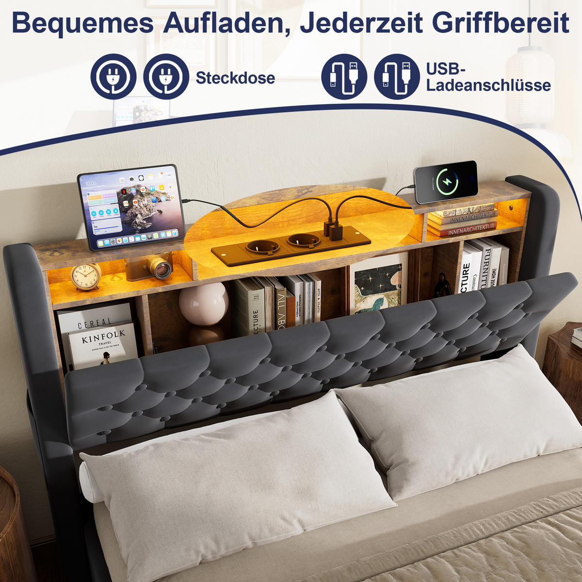 POLSTERBETT 140/200 cm Grau mit Holländischem Velours, LED, USB+Type-C, Ablagekopfteil - Grau, Textil (140/200cm) - OKMYHOME