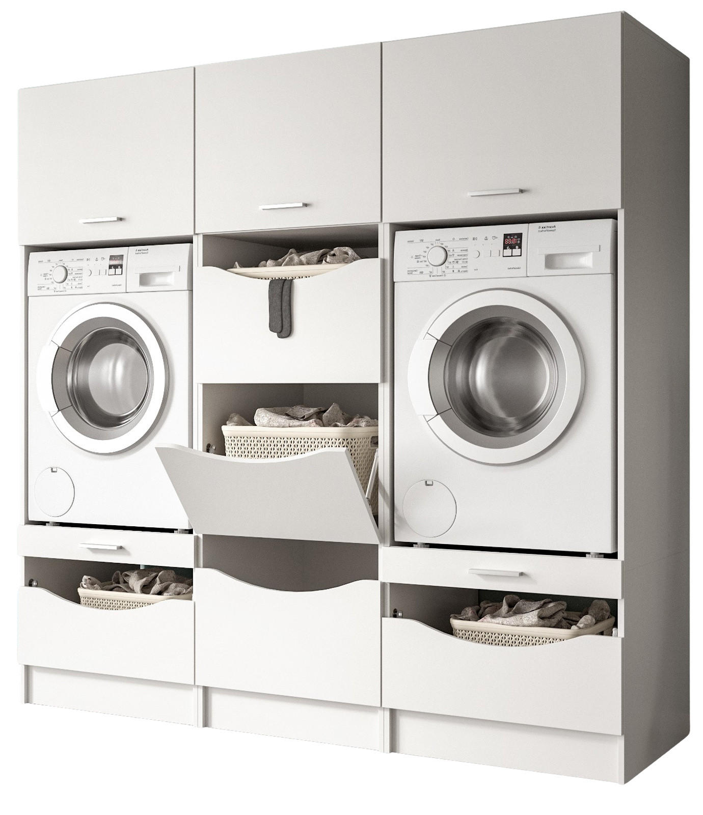 WASCHMASCHINENSCHRANK weiß Set 3-teilig, Waschmaschinenumbau 192 cm mit viel Stauraum - Silberfarben/Weiß, Glas/Holzwerkstoff (192/196/68cm) - Inn.Furn