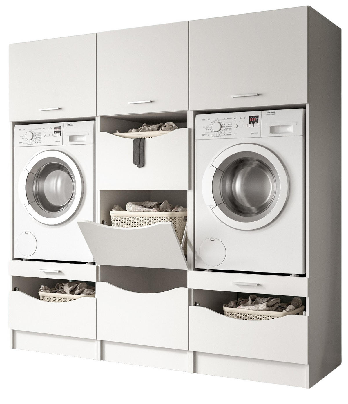 WASCHMASCHINENSCHRANK weiß Set 3-teilig, Waschmaschinenumbau 192 cm mit viel Stauraum - Silberfarben/Weiß, Glas/Holzwerkstoff (192/196/68cm) - Inn.Furn