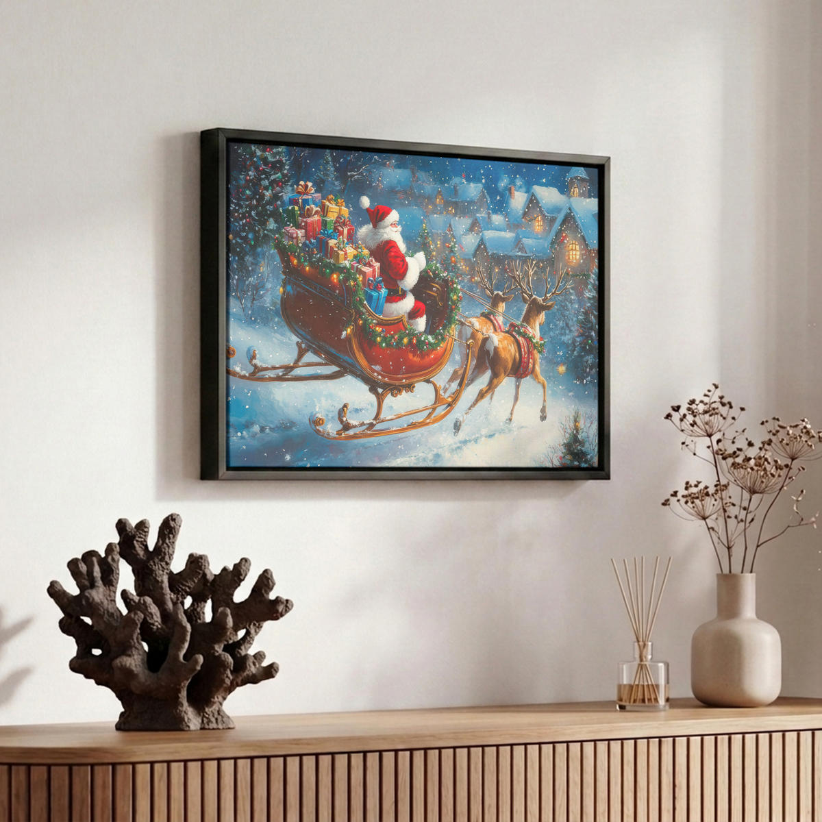 LEINWAND Bilder mit Rahmen - Weihnachtsmann - Rentier - Weihnachten - Schnee - 30x20 - Cognac, Textil (30/20cm) - MuchoWow
