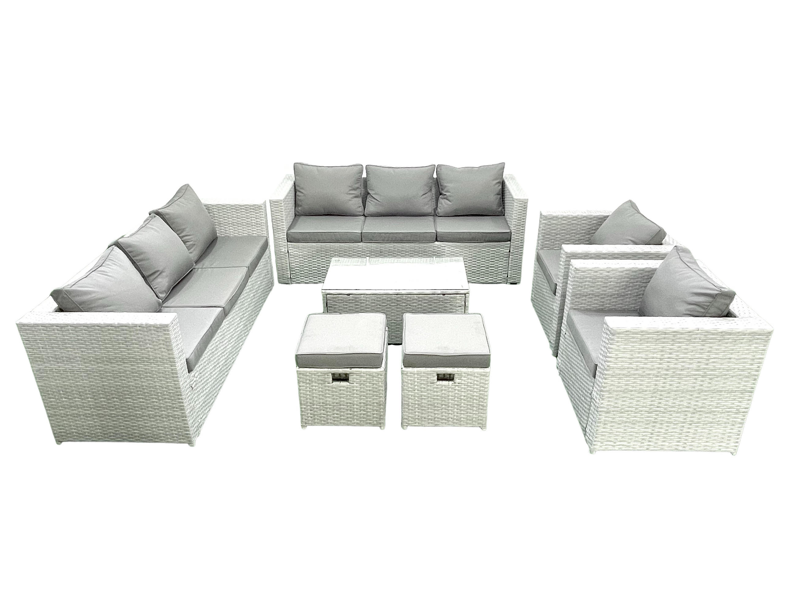 GARTENGARNITUR mit 3-SITZER SOFA,COUCHTISCH Polyrattan Hellgrau-Mix 10-Sitzer - Hellgrau/Grau, Glas/Kunststoff - Fimous