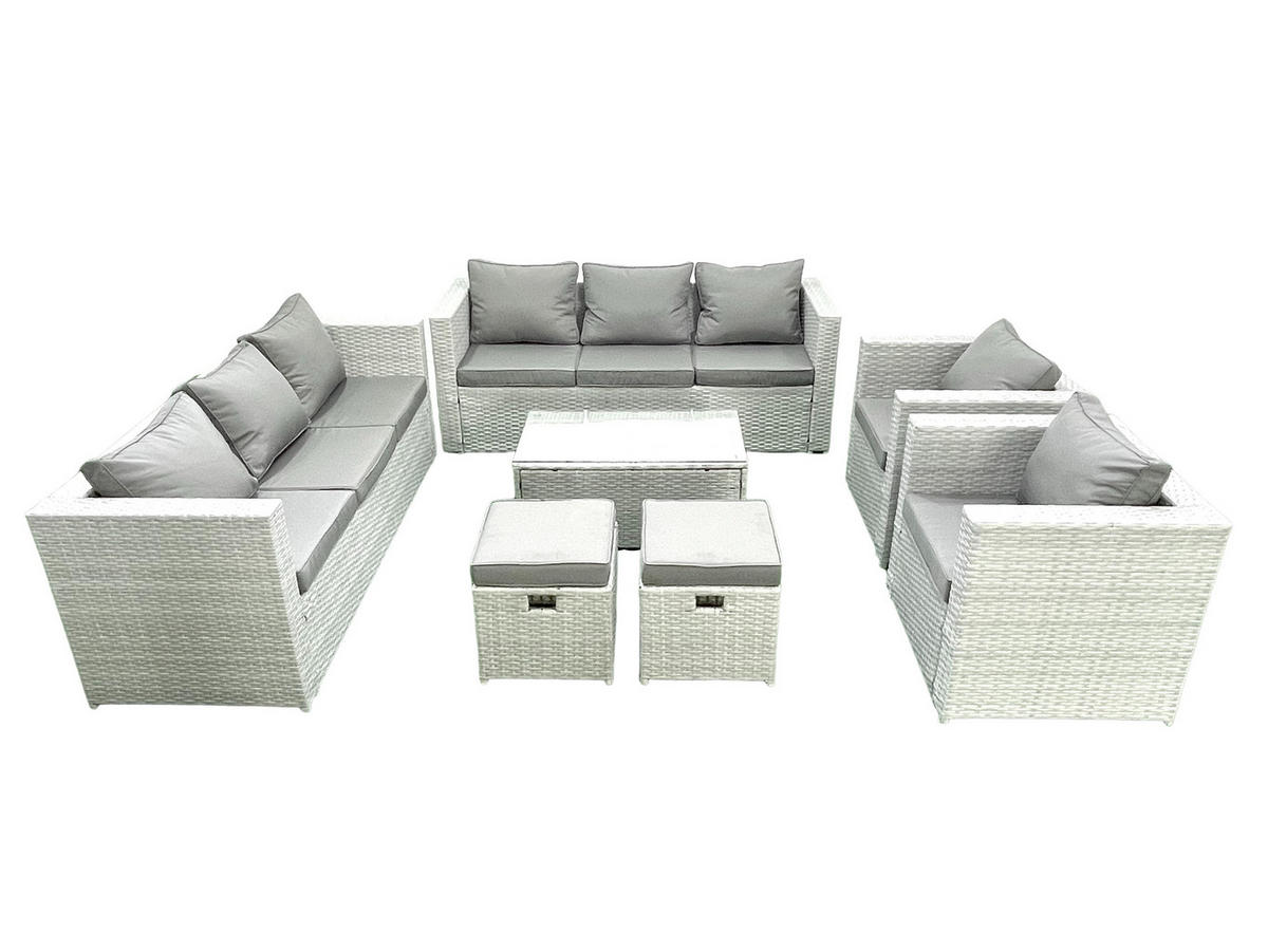 GARTENGARNITUR mit 3-SITZER SOFA,COUCHTISCH Polyrattan Hellgrau-Mix 10-Sitzer - Hellgrau/Grau, Glas/Kunststoff - Fimous