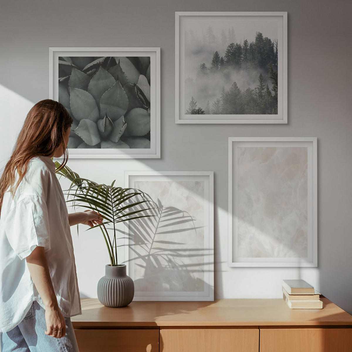 WANDBILDER 4er-Set - 50x50 cm & 40x60 cm Weißer Rahmen - Steinpastellmarmor - Weiß, Kunststoff (50/50cm) - ArtPrintCave