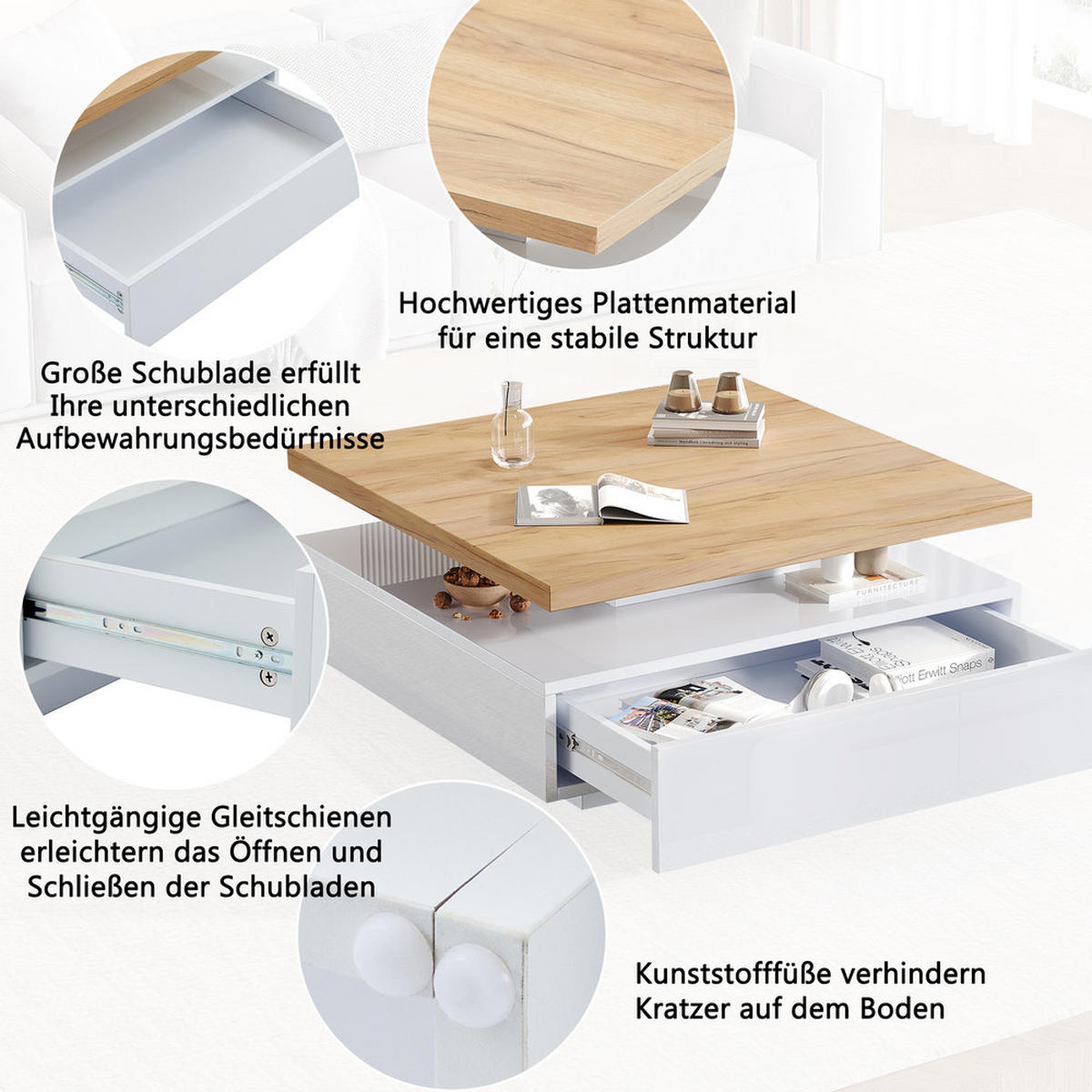 COUCHTISCH, 360° drehbar, 2-stufig, Hochglanz weiß, mit Ablagefächern, Gestell Kastanie - Weiß, Holz (70/70/36cm) - FLIEKS