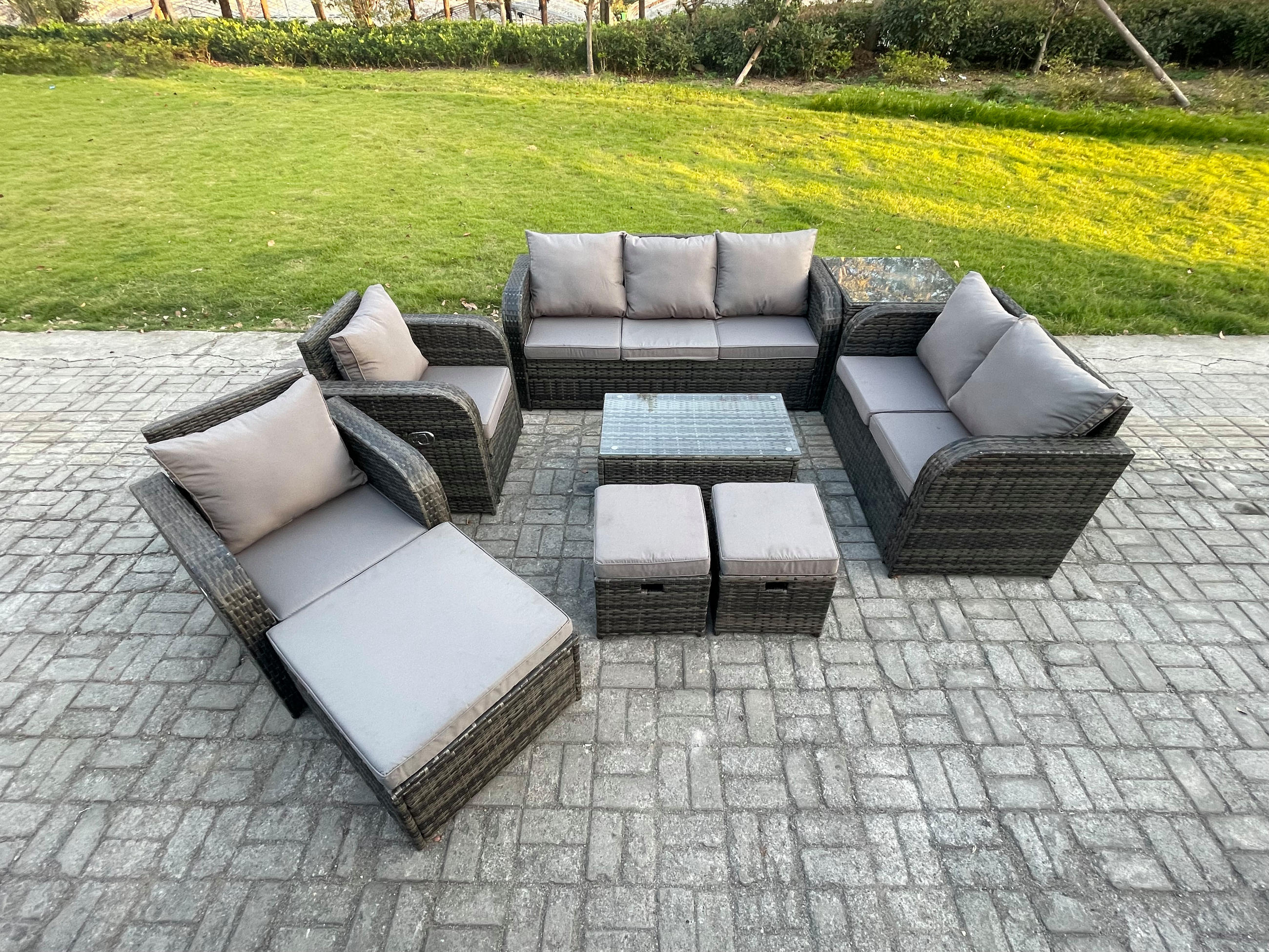 GARTENMÖBELSET mit Couchtisch Polyrattan 10-Sitzer - Dunkelgrau/Grau, Glas/Kunststoff - Fimous