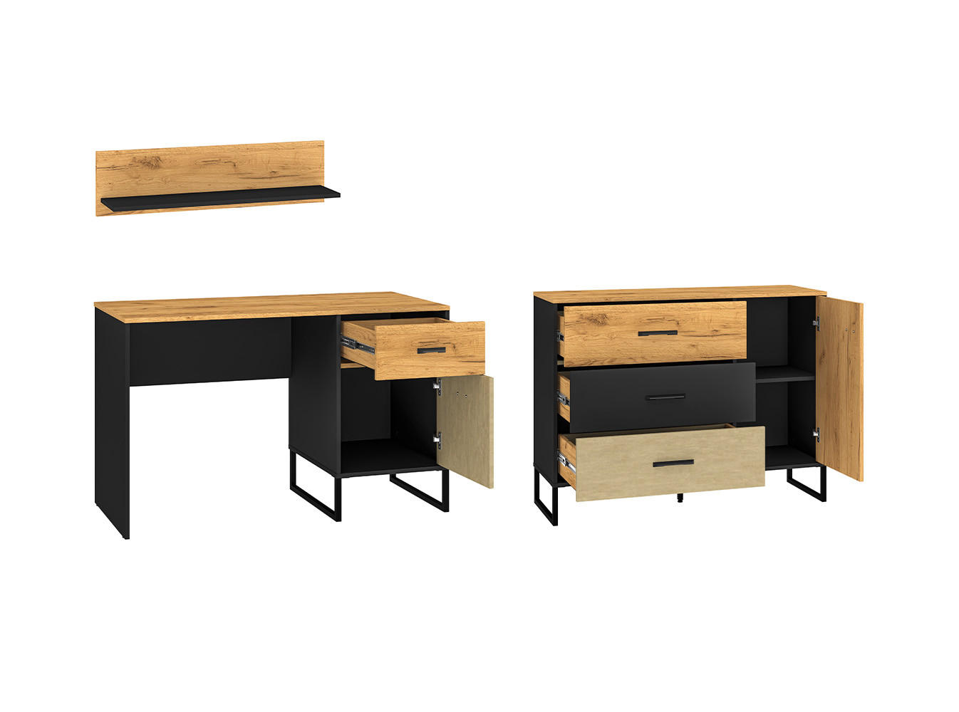 JUGENDZIMMER-SET Colt schwarz / Craft Gold Eiche / Premium Steel 3-teilig - Eichefarben/Braun, Holz/Holzwerkstoff (240/90/55cm) - Feldmann-Wohnen