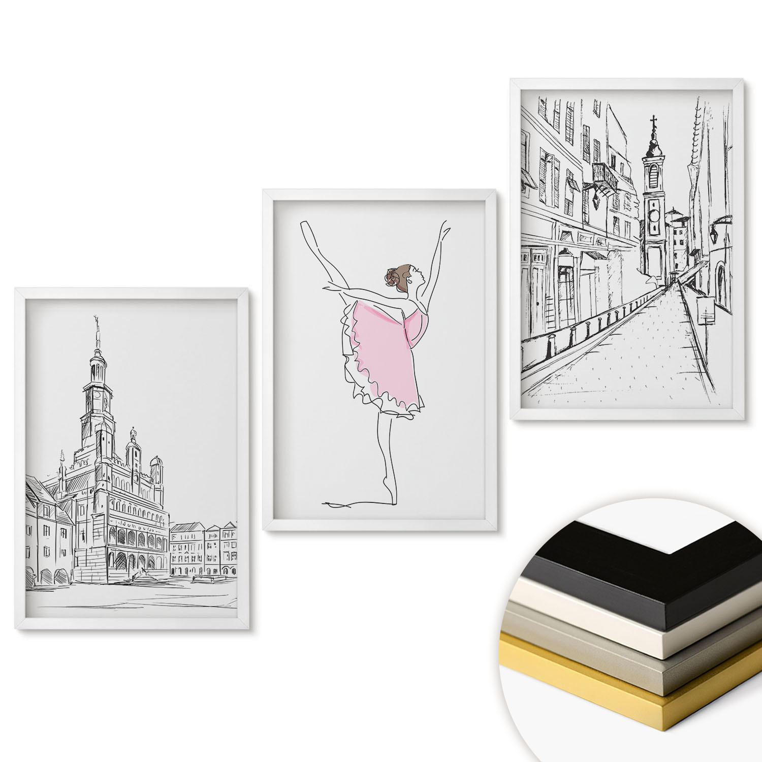 WANDBILDER 3er-Set - 40x60 cm Weißer Rahmen - Stilvolle Ballerinen und Architektur - Weiß, Kunststoff (40/60cm) - ArtPrintCave