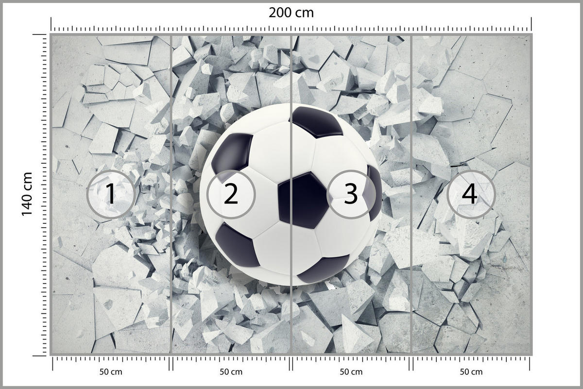 FOTOTAPETE für Kinderzimmer Fußball Riss Graue Wand Dynamik Sport 200x140 - Schwarz/Weiß, Papier (200/140cm) - Muralo