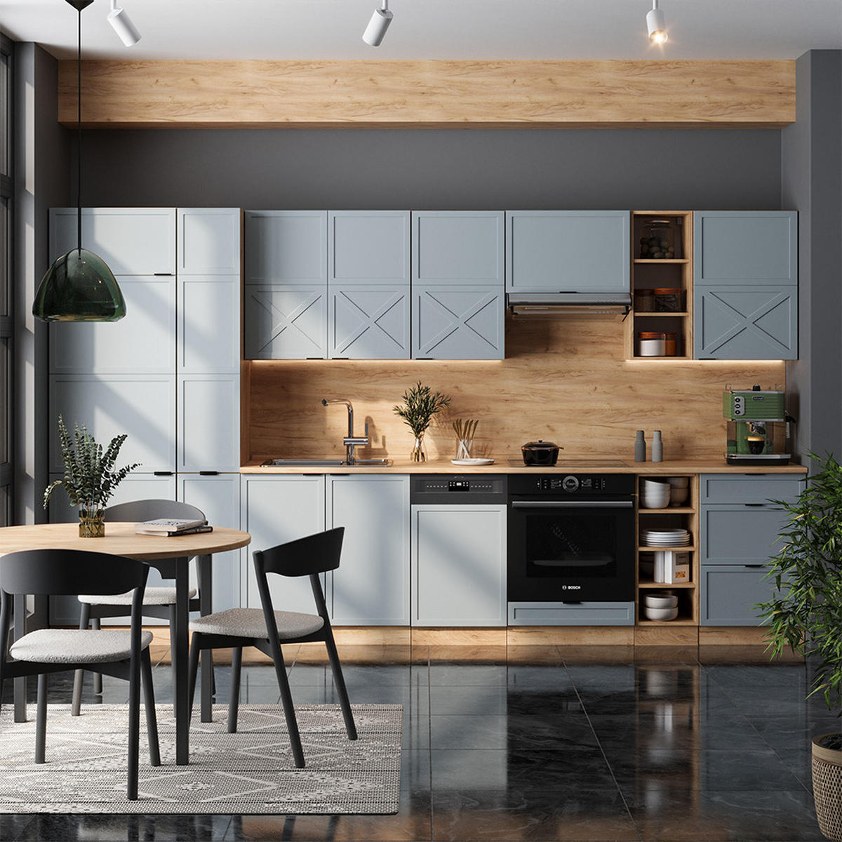 KÜCHENZEILE Fame-Line Hellblau-grau/Goldkraft Eiche 355 cm ohne AP - Honigeiche/Hellblau, Holzwerkstoff (355/81.6/46cm) - Vicco