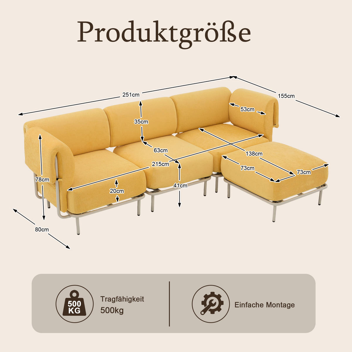 ECKSOFA 251/155/78 cm Senfgelb Chenille mit 1 Fußhocker - Currygelb/Grau, Textil (155/251cm) - Oxeza