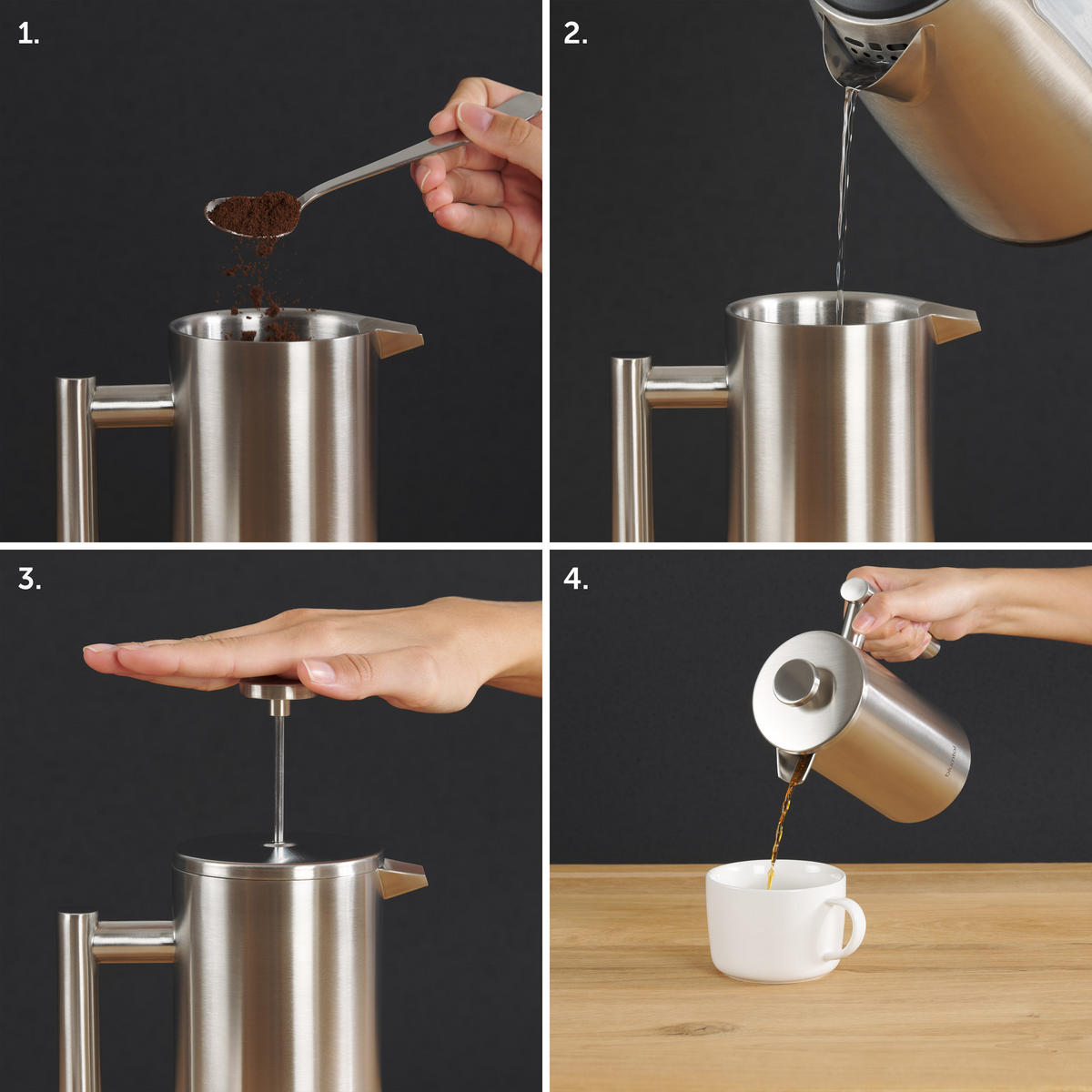 KAFFEEBEREITER French Press Edelstahl - doppelwandig isoliert mit Messskala inkl. Ersatzfilter & Anleitung, Spülmaschinengeeignet - Edelstahlfarben, Metall (14/13/21cm) - Blumtal