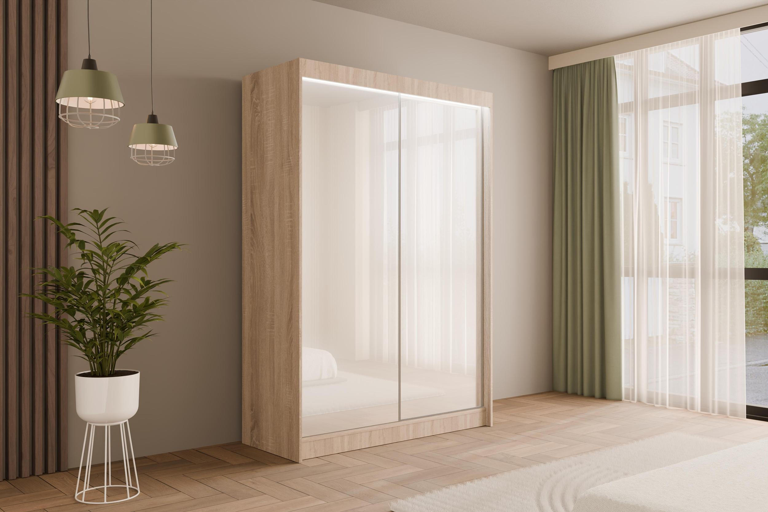 KLEIDERSCHRANK PEKA mit LED - 150 cm - Sonoma Eiche|Weiß - Weiß/Sonoma Eiche, Holzwerkstoff (150/215/61cm) - ALTDECOR