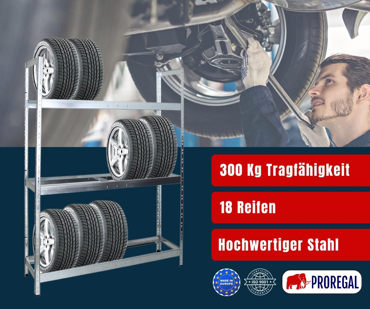 REIFENREGAL Tiger XL 200x150x45 cm 300 kg Fachlast bis zu 18 Reifen auf 3 Ebenen Verzinkt - Silberfarben, Metall (150/200/45cm) - PROREGAL
