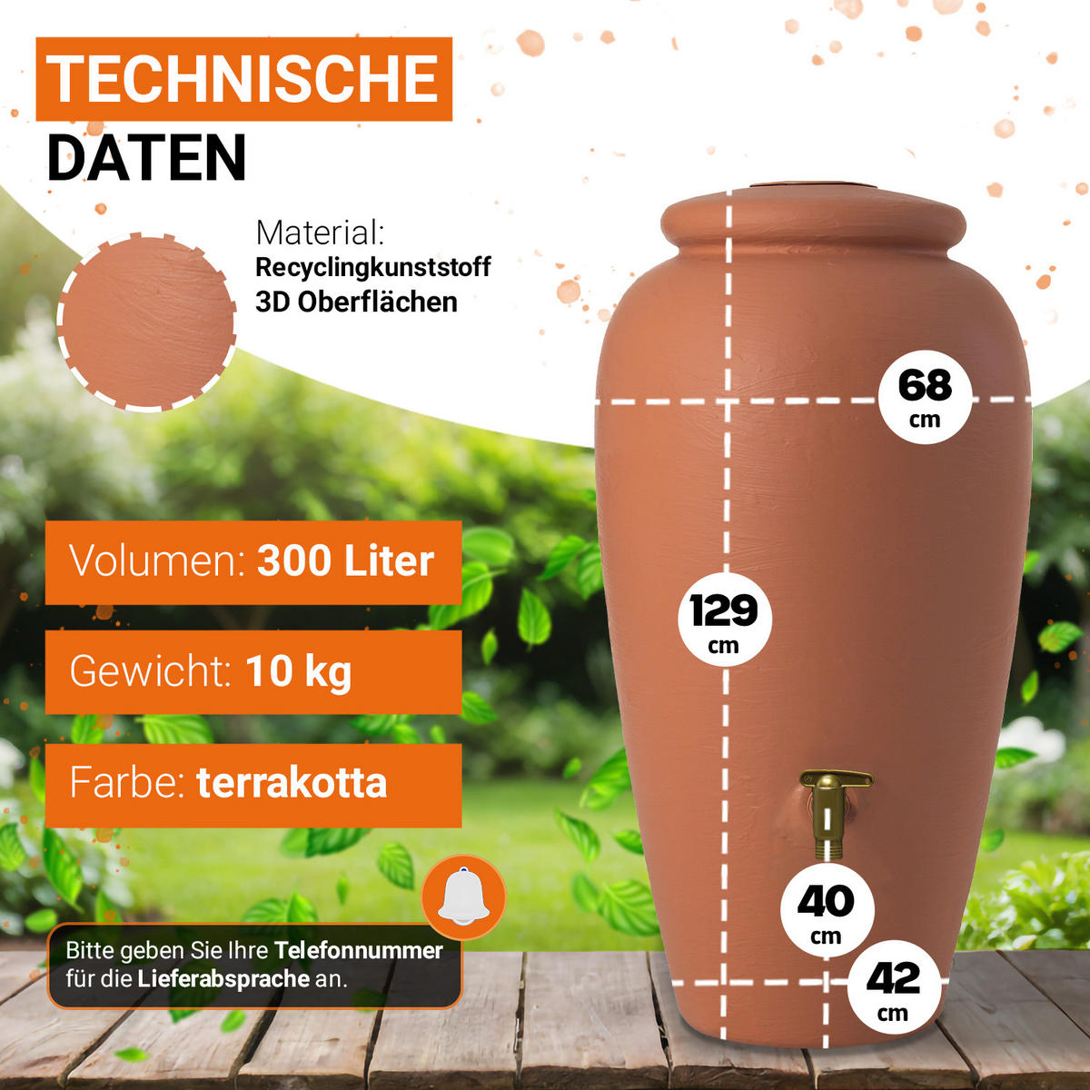 AMPHORE Regentonnen Komplett-Set 300 L kotta inkl. Kunststoff-Auslaufhahn und Fallrohranschluss - Terracotta, Kunststoff (68/129/68cm) - GARANTIA