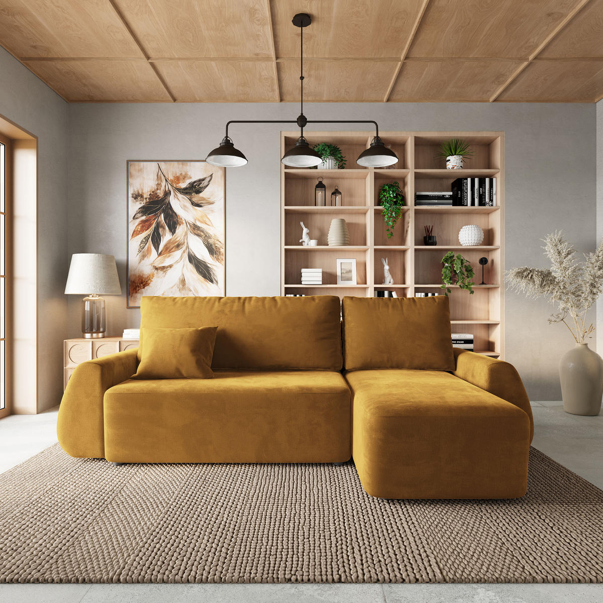 ECKSOFA GALVIS Gelb Velours-Stoff mit Schlaffunktion - Gelb, Holz (256/156cm) - MASSENO