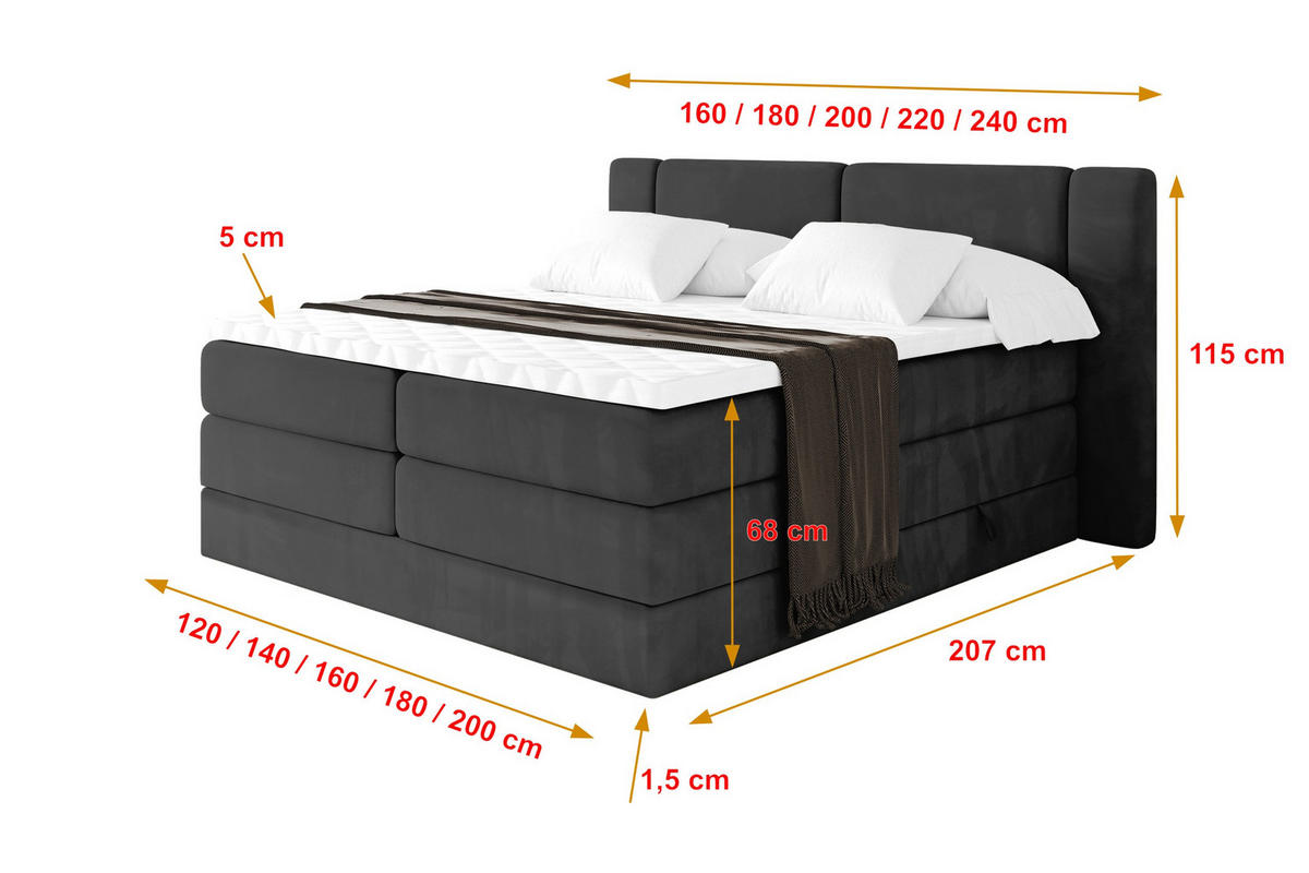 BOXSPRINGBETT mit Matratze H3/H4 - EVON KING - 140x200 cm Schwarz - Schwarz, Holzwerkstoff (140/200cm) - ALTDECOR