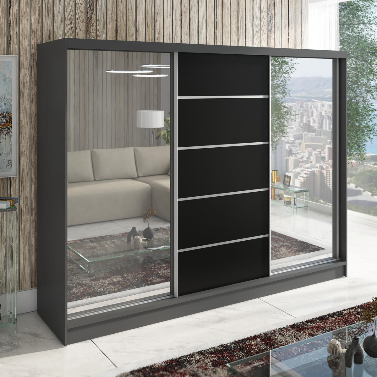 SCHWEBETÜRENSCHRANK 200 CM TOP Farbe: Graphit, Schwarz - Graphitfarben/Schwarz, Holzwerkstoff (200/215/60cm) - A&J MöbelLand