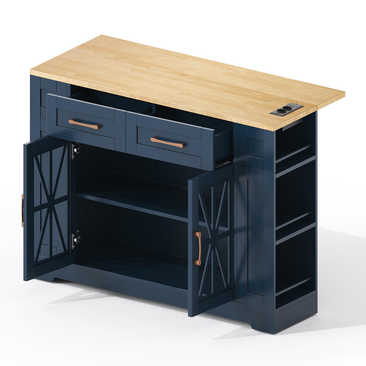KÜCHENINSEL DE-41308 120/40-65/92 cm mit klappbarem Esstisch und Glastüren Blau - Blau, Holzwerkstoff (120/92/65cm) - ComfortXL