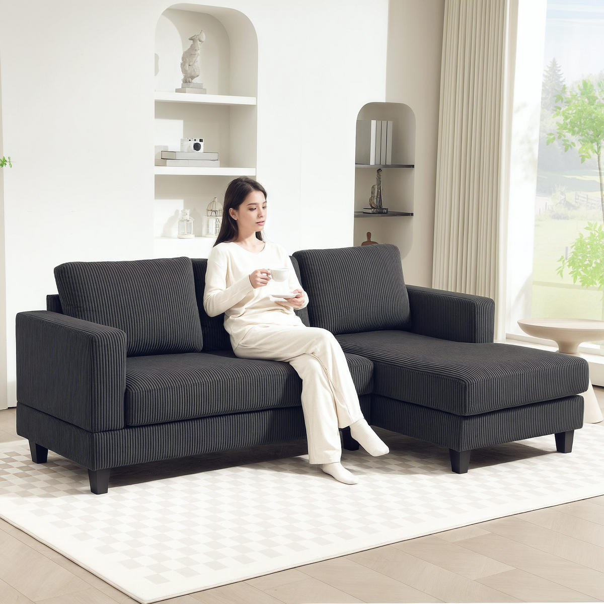 ECKSOFA Couch mit Chaiselongue Sofa L Form Gepolsterte Eckcouch mit Cord-Optik - Dunkelgrau, Kunststoff (134/214cm) - HOMCOM