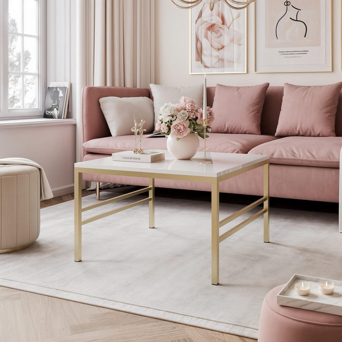 COUCHTISCH FORMA 70/70 cm Quadrat, Gold / Weiß Hochglanz - Weiß Hochglanz/Goldfarben, Metall (70/70/46cm) - Idohome