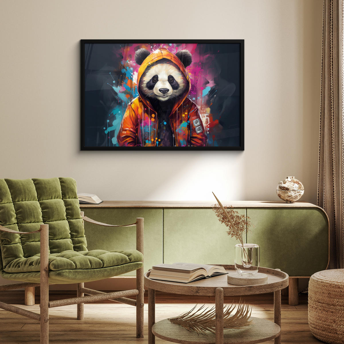 POSTER MIT RAHMEN Panda - Jacke - Graffiti - Orange 90x60 cm - Orange, Papier (90/60cm) - MuchoWow