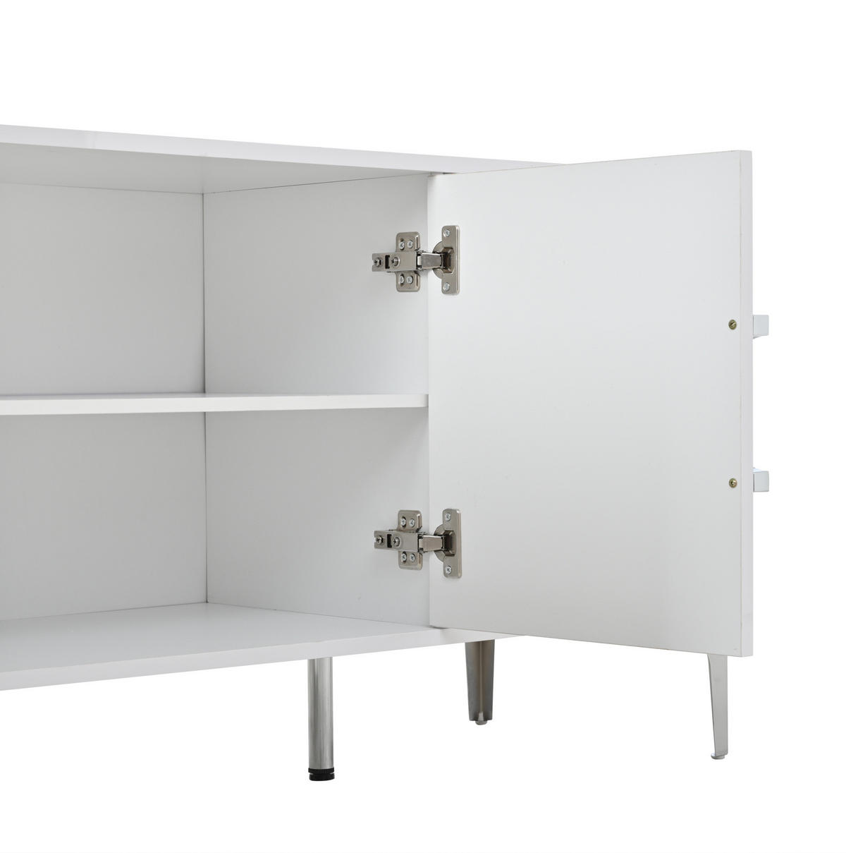 SIDEBOARD in Weiß Anrichte mit 4 Schubladen, 2 Türen, Hochglanz MDF, Metallfüße, B150/T38/H59.5cm - Silberfarben/Weiß, Holzwerkstoff/Metall (150/59.5/38cm) - STILVORA