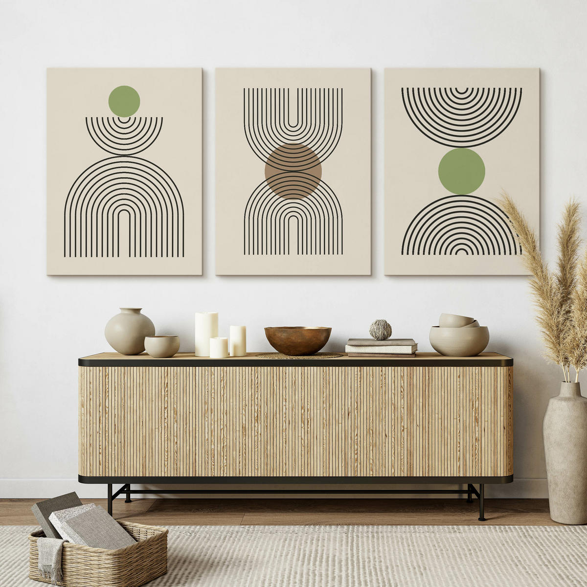 LEINWANDBILDER 3-es Set Geo-Muster Boho - Beige/Schwarz, Textil (90/40cm) - Muralo