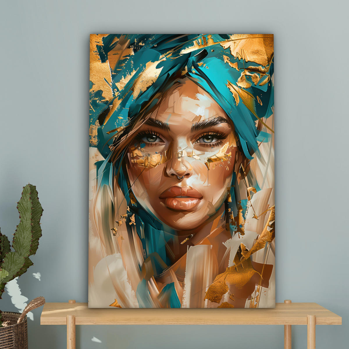 LEINWANDBILD - Frau - Porträt - Gold - Luxus - Blau - 40x60 - Deko Schlafzimmer - Türkis, Textil (40/60cm) - MuchoWow